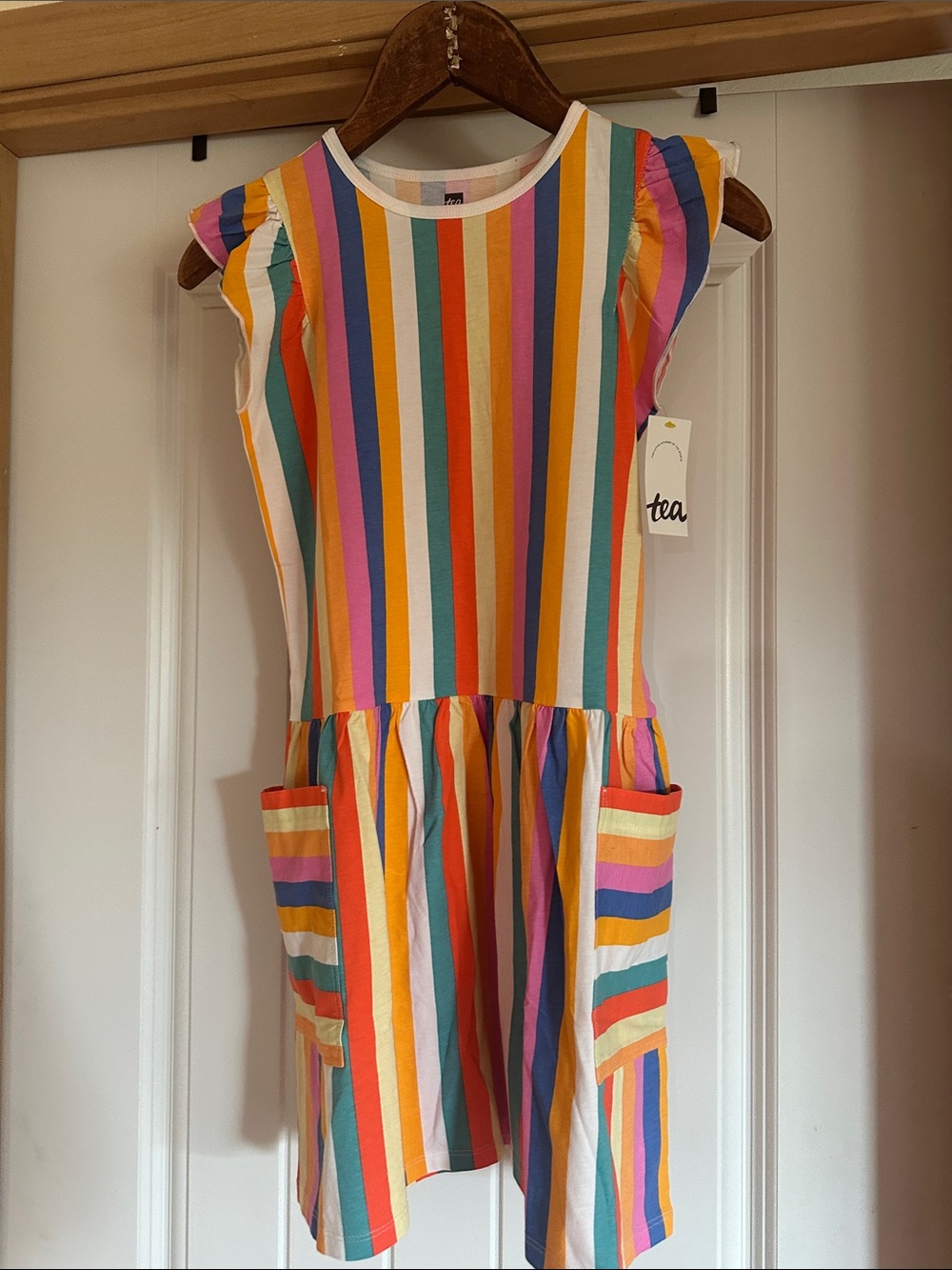 Tea Collection Rainbow Stripe Cotton Dress in Orange, Pink, Blue & Yellow